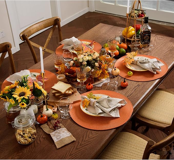 AHHFSMEI Round Braided Placemats 15 Inch Round Table Mats for Dining Tables Natural Woven Heat Resistant Place mats Set of 6 (Orange)