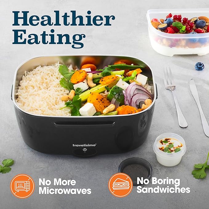 TRAVELISIMO Electric Lunch Box for Adults 100W Heated Lunch Box For Men 1.5L Stainless Steel Portable Food Warmer, 12/24/110V Electric Food Warmers for Travel & Work Loncheras Para Hombres de Trabajo