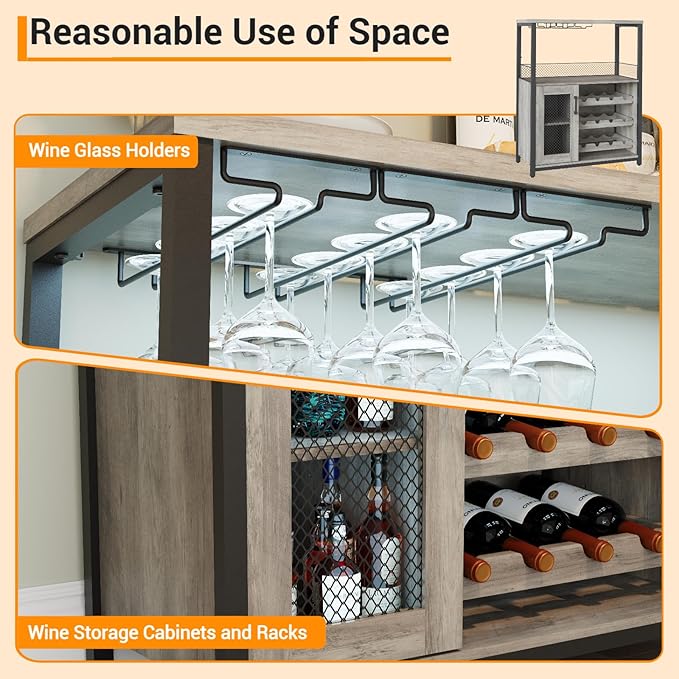 Vintage Industrial Wine Bar Cabinet with Adjustable Wine Racks and Glass Holders, Mesh Door Sideboard Storage Cabinet for Living Room, Kitchen, Dining Room, Compact Design, Easy Assembly,Gray