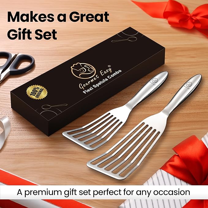 Stainless Steel Fish Spatula Set ??1 Large Fish Turner + 1 Small Metal Spatula, Ultra Thin Edge for Easy Turning & Flipping, Metal Kitchen Untensils with Ergonomic Non-Slip Handle, Dishwasher Safe