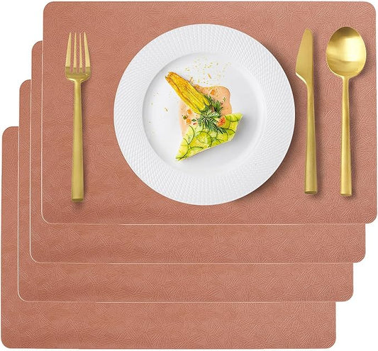 Uolr Vinyl Placemats Set of 4 Faux Leather 100% Waterproof Wipeable Washable Place Mats Heat Resistant Easy Clean Non-Slip Table Mats for Indoor Outdoor. (4, Coral)