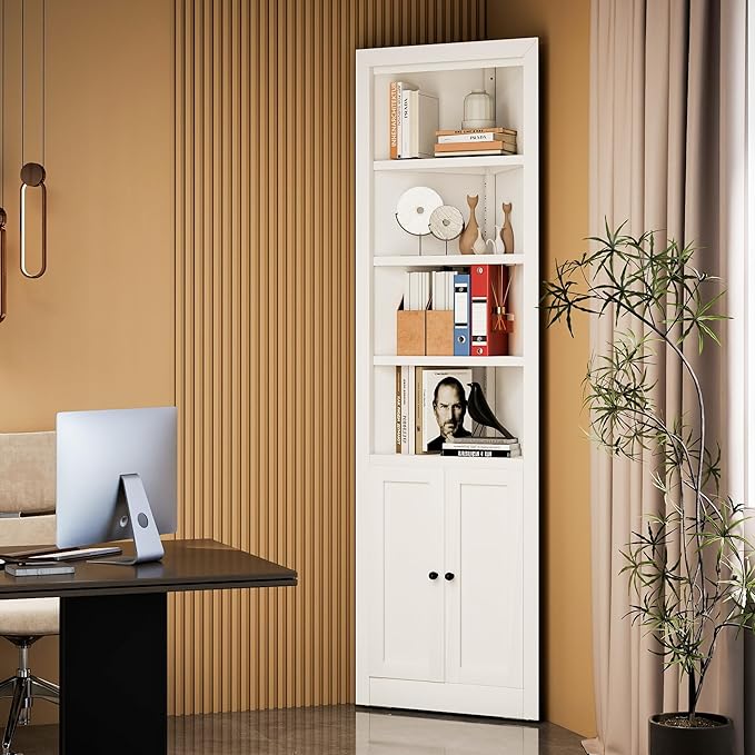 Metal Pantry Storage Cabinet with 4 Adjustable Shelves, 71" Tall Corner Cabinet for Bathroom, Corner Shelf Cabinet for Kitchen, Dining Room, Living Room, Assembly Required(White)