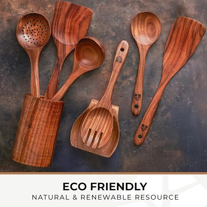 Wooden Utensil Set 8 Pcs ??Sturdy & Easy to Clean, Natural Teak Wooden Spoons for Cooking ??Non-Scratch Cooking Utensils with Spatula, Turner, Ladle, Spoons, Skimmer, Holder, Spoon Rest & 6 Hooks