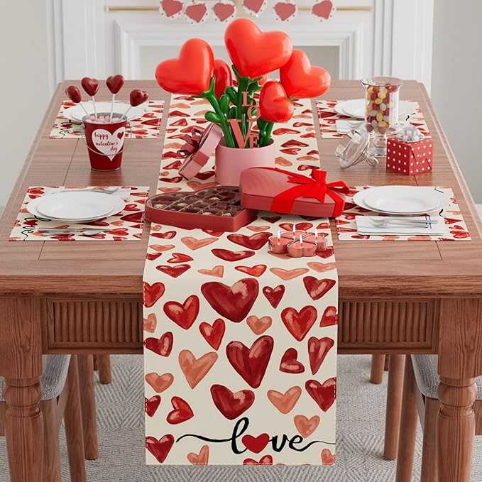XCHI Watercolor Red Love Hearts Valentine?셲 Day Table Runner Table Decoration for Party Home Kitchen Dining Holiday Decor 13x48 Inch