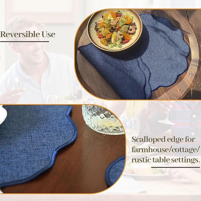 AHHFSMEI Round Faux Linen Placemats Set of 6 Waterproof Table Mats Heat Resistant Non-Slip and Stain Proof for Kitchen Dining Elegant Decor (Navy Blue,6)