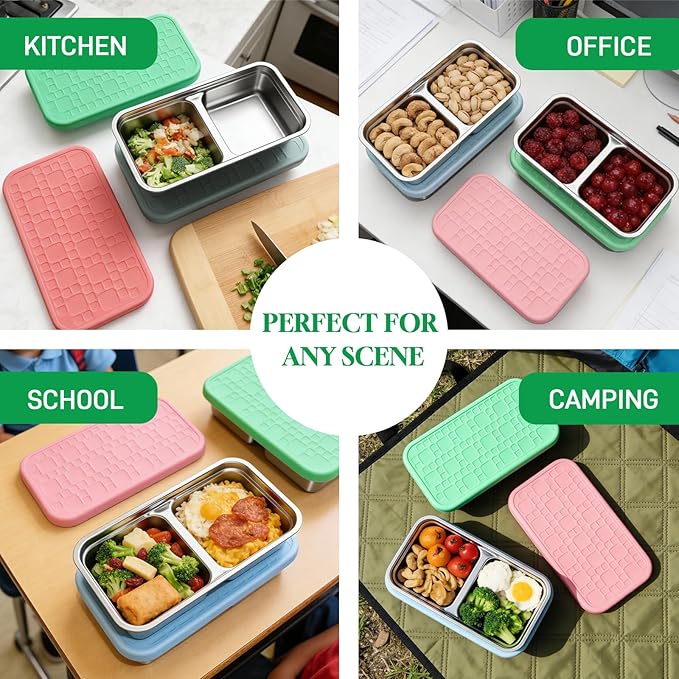 Korythar 3 Pack 15oz Stainless Steel Snack Containers for Kids, Reusable Metal Snack Containers with Silicone lids, Leak Proof 2 Compartment Stackable Metal Toddler Lunch Box for Daycare, School
