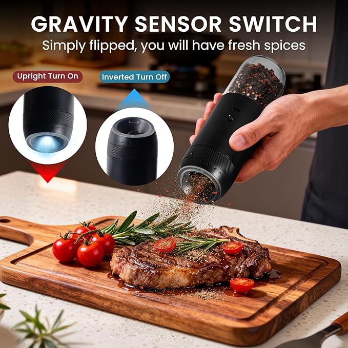 1 Pack Gravity Rechargeable Electric Salt and Pepper Grinder Set, Automatic Salt Pepper Shaker, LED Light One Hand Operation, Washable 176ML Container, Adjustable Coarseness, Black