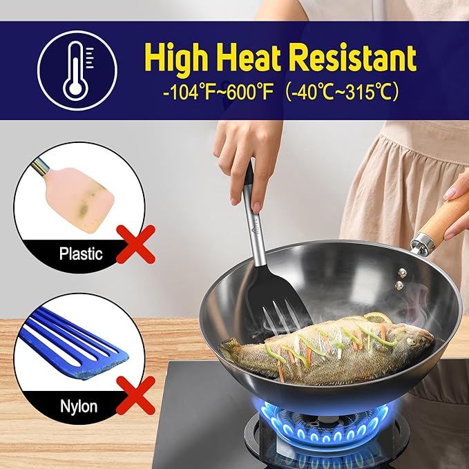 HOTEC Silicone Spatula Set of 2 Heat-Resistant 600째F & BPA-Free Kitchen SaptulaTurner with Stainless Steel Handles, Slotted & Solid Spatulas for Nonstick Cookware, 13.7 Inch, Black
