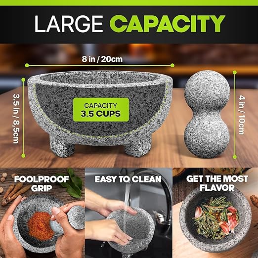 2 Sets Umien??Granite Mortar and Pestle Set - 100% Granite - 3.5-Cups - 8-Inch ??Avocado Tool Included ??Natural Stone Molcajete for Spices, Pestos, & Guacamole (Grey) - Stone Grinder - Guacamole