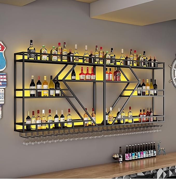 79 Inch Modern Wall Mounted Wine Rack with LED Light, Large Metal Bar Shelves for Liquor Bottles, Stylish Wall Wine Rack Storage Organizer for Dining Room & Home Bar(Black-Yellow Led, 79in)