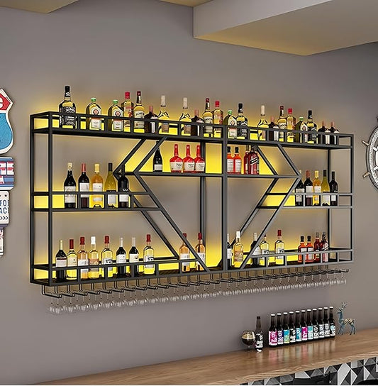 118 Inch Modern Wall Mounted Wine Rack with LED Light, Large Metal Bar Shelves for Liquor Bottles, Stylish Wall Wine Rack Storage Organizer for Dining Room & Home Bar(Black-Yellow Led, 118in)