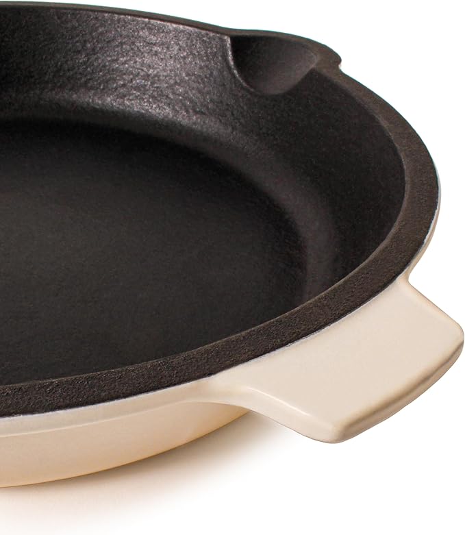 BergHOFF Neo 3Pc Enameled Cast Iron Cookware Set, Fry Pan 10 inches, Grill Pan 11 inches, Slotted Steak Press, Fast, Evenly Heat, Oven safe (Meringue)