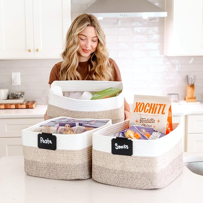 NaturalCozy Storage Baskets 16.8?쓝13?쓝7.6??Cotton Rope Woven Baskets for Organizing 3-Pack | Toy Storage Bins | Basket for Shelves, Laundry, Blanket, Clothes, Closet, Kitchen, Bathroom, Gifts