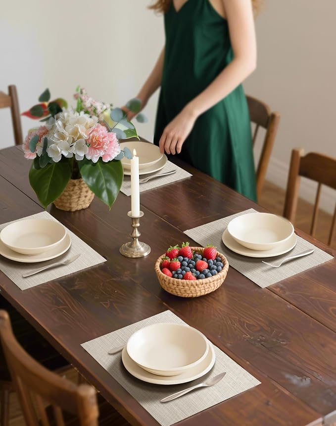 Leetaltree Beige White Placemats Set of 8 - Heat Resistant Non-Slip Place mats for Dining Table, Washable Durable PVC Vinyl Woven Table Mats(Beige White, 8)