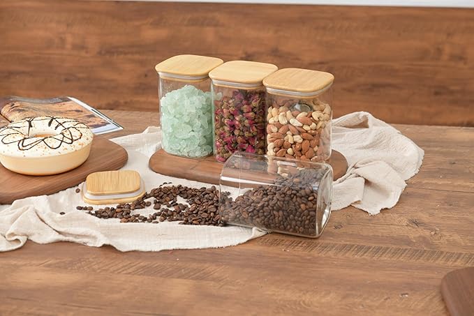 37oz Airtight Glass Square Storage Canister with Bamboo Lid Set of 4 (1100ml) Container Stackable Jar, Kitchen Canister for Pantry Noodles, Flour and Coffee beans (?럚ith Black Lable)