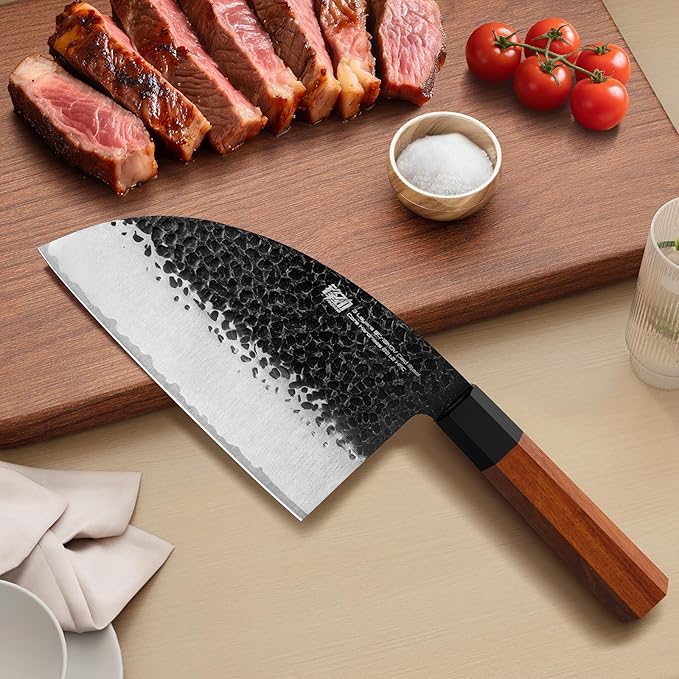 FINDKING Dynasty Series Serbian Chefs Knife with Leather Sheath, Heavy Duty Meat Cleaver, 9Cr18MoV High Carbon Steel Blade, African Rosewood Octagonal Handle, for Meat, Chicken Bones, 6.5 Inches