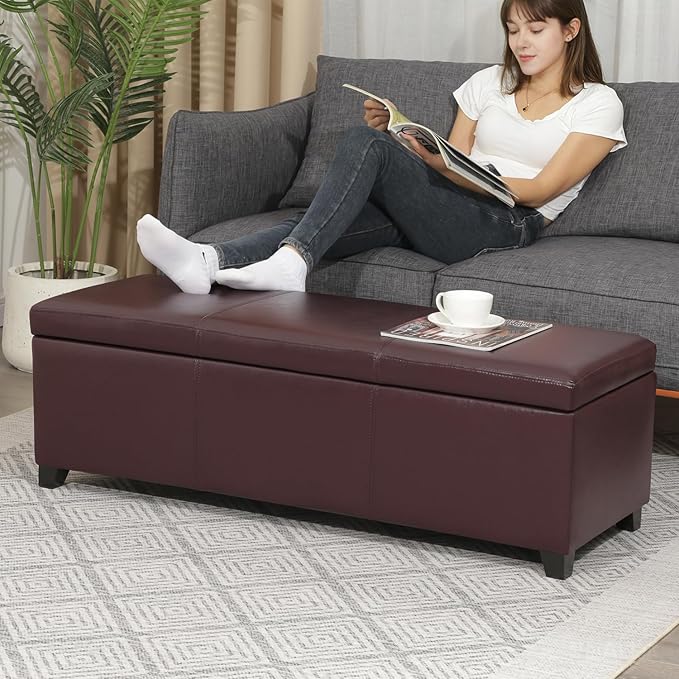 Joveco 47 Inch Storage Ottoman Bench,Tufted Leather Storage Bench with Nailhead Trim for Bedroom (47??Auburn)