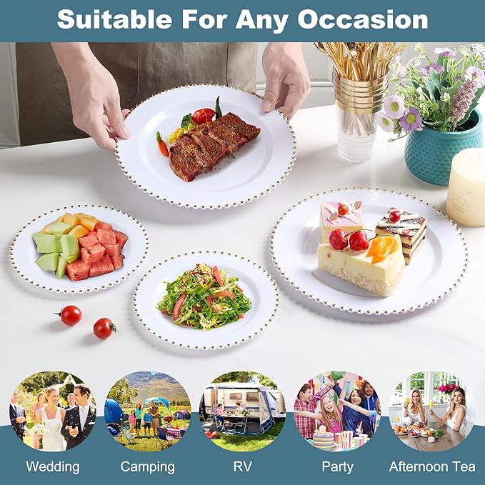 EI 60pcs White Plastic Plates with Gold Rim,Heavy Duty Plastic Plates Disposable,White and Gold Plate for Party,Wedding,Birthday,Afternoon Tea,Spring,Mother's Day,Valentine's Day