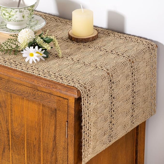 Socomi Boho Table Runner Valentine's Day Farmhouse Burlap Jute Bamboo Rustic Dining Kitchen Centerpiece Decor Small Macrame Woven Coffee Table Runner for Dresser Scarf Home Decor 12x36 inch