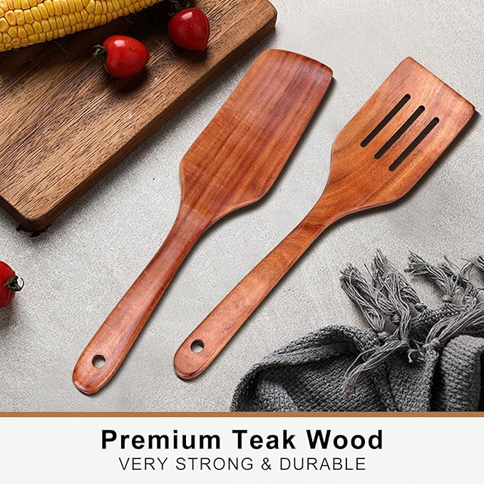 Best Teak Wooden Spatula Set Non Toxic 2 Pcs Wood Kitchen Utensils sets Slotted Turner Spatula Wood Angled Spurtle for Cooking, Flat Frying, Pancake, Egg, Non Stick BPA Free