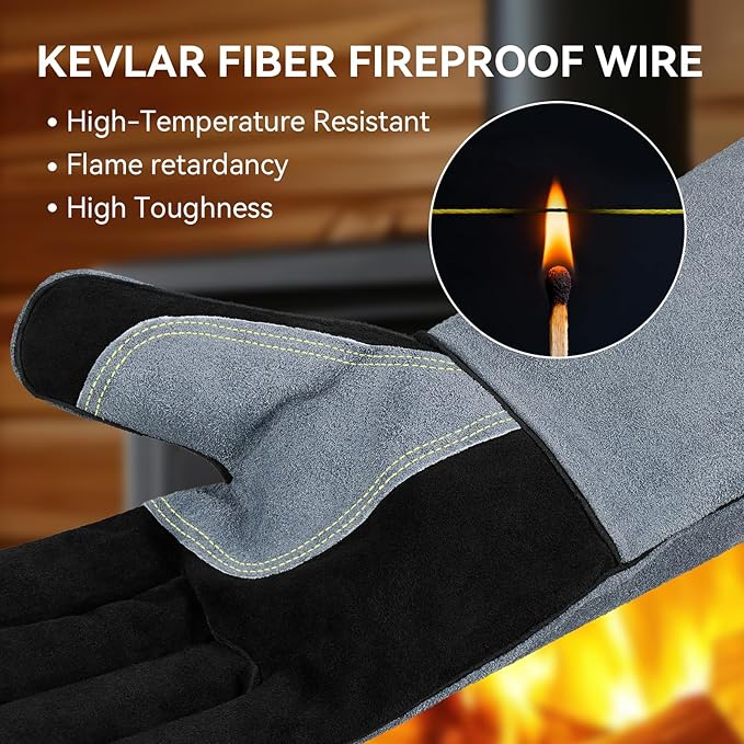 OZERO 932째F Heat Resistant Welding Gloves 16 inches Cowhide Leather - Long Sleeve and Insulated Lining BBQ Glove for Tig Welder/Mig/Grill/Barbecue/Stove Black-gray