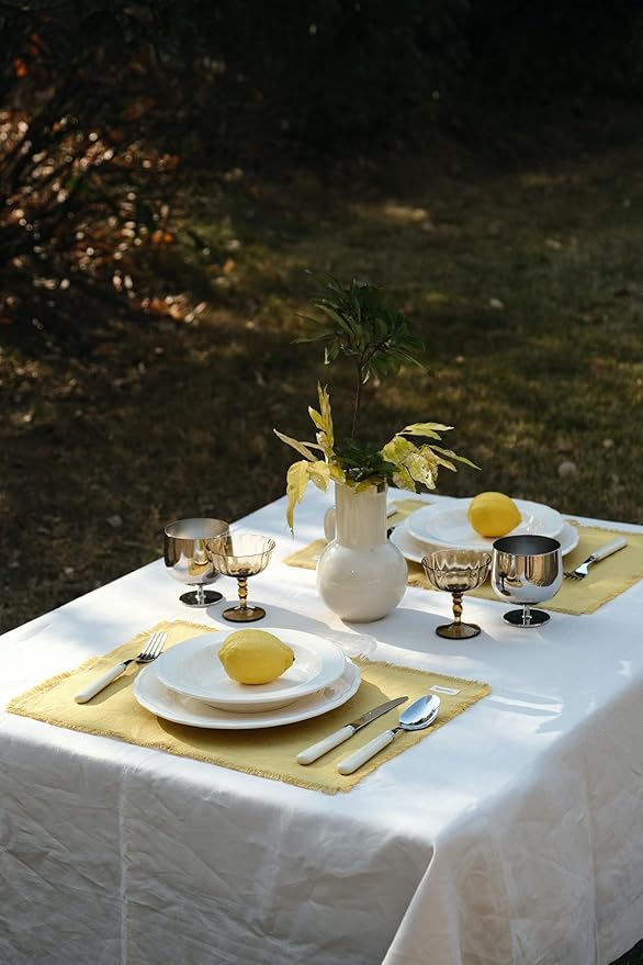 Noalumea 100% Linen Placemats Set of 4 ??Thick Mustard Yellow Table Mats with Hand-Frayed Edges, Machine Washable, Elegant Dining Table Decor for Everyday Meals & Holiday Gatherings, 14 x 19 Inch