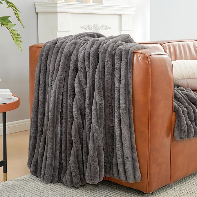 Am챕lie Home Faux Fur Throw Blanket for Couch, Cozy Fuzzy Fluffy Fur Luxurious Soft Striped Plush Gift Blankets for Family Sofa Chair Bedroom, 55"x70", Charcoal Grey