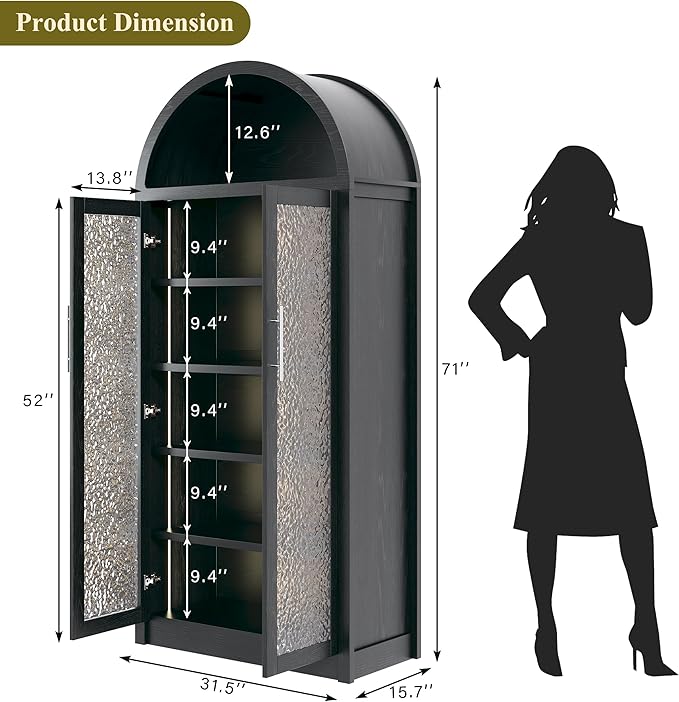 71" Tall Arched Cabinet with 3 Color Lights, Kitchen Pantry Storage Cabinet with Glass Doors & Adjustable Shelves, Modern 6-Tier Display Cabinets for Living Room, Dining Room, Black