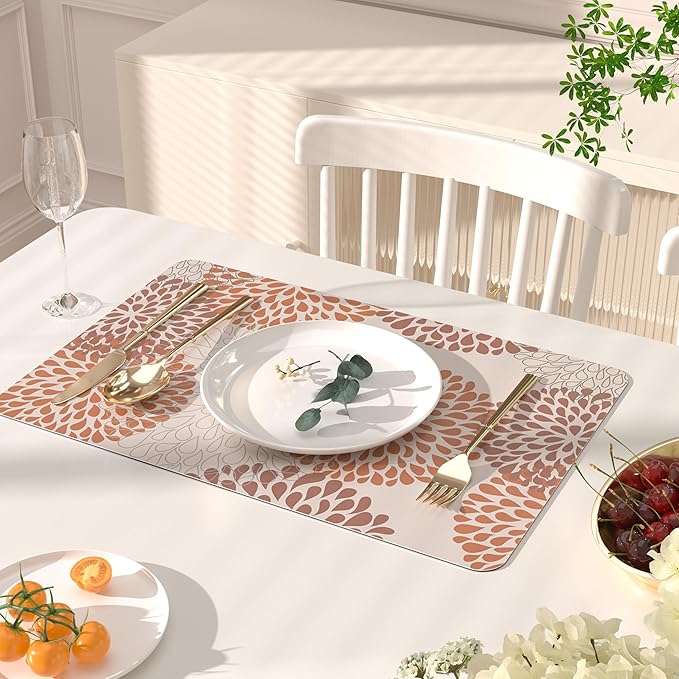 QIYI Placemats Set of 6, 12x18 Inch Faux Leather Place Mats for Kitchen Dinning, Heat Resistant Anti Slip Floral Table Mats, Waterproof Wipeable Washable Placemat Thanksgiving Table D챕cor, Brown