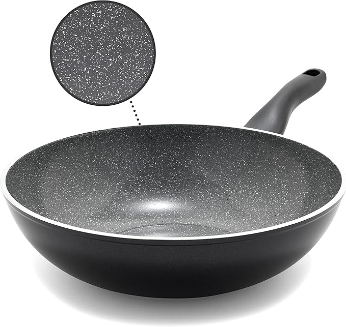 Rigoletto 11??Nonstick Wok Pan, Made in Italy, Layered Ceramic PFAS-Free Surface, Induction Ready Skillet, Dishwasher & Metal Utensil Safe, Granite Finish, Stay-Cool Handle, Black