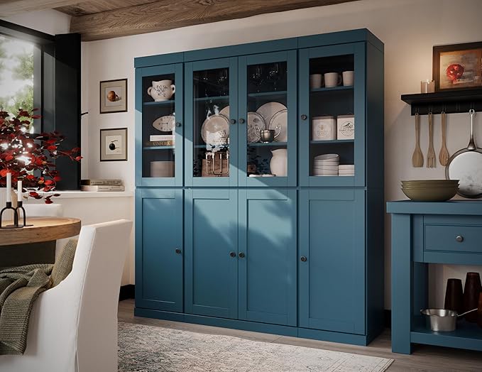 Palace Imports 100% Solid Wood Kitchen China Pantry Cabinet, 65" W - 4 Clear Glass & 4 Shaker Doors, Renewable Eco-Friendly Wood, Made in Brazil (Teal Blue, 8 China/Shaker Doors | 2 Drawers)
