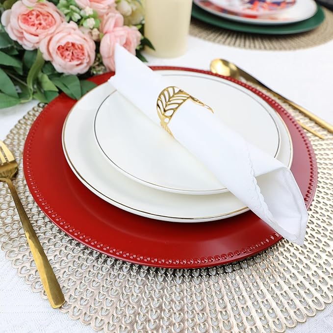 Set of 12 Red Charger Plates with Beaded. 13" Reusable Plastic Table Chargers for Dinner Plates