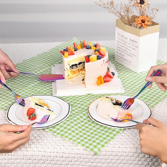 GoGeiLi Rainbow Cake Knife and Server Set with Forks, 6 Pieces Stainless Steel Cake Cutting Set, Colorful Wedding Cake Cutter Set including 4 Salad Forks, Dishwasher Safe