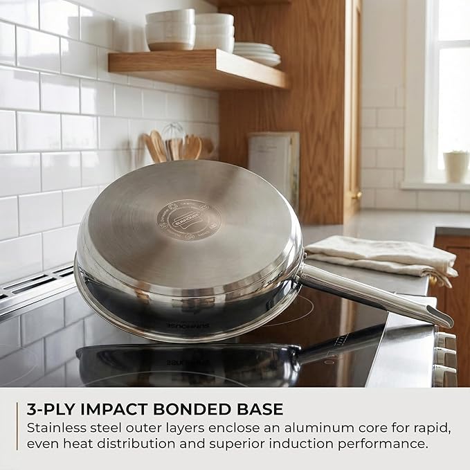 Sunhouse 8 Inch Tri-Ply Stainless Steel Frying Pan, Whole-Clad Skillet with Stay-Cool Handle, Oven Safe to 500째F, Dishwasher Safe, All Cooktop Compatible