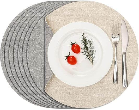 Myir JUN Reversible Vinyl Round Placemats Set of 8, Faux Leather Place Mats Dual Sided Waterproof Wipeable, Heat-Resistant Table Mats for Kitchen Dining Indoor Outdoor (14", Light Gray Cream-White)