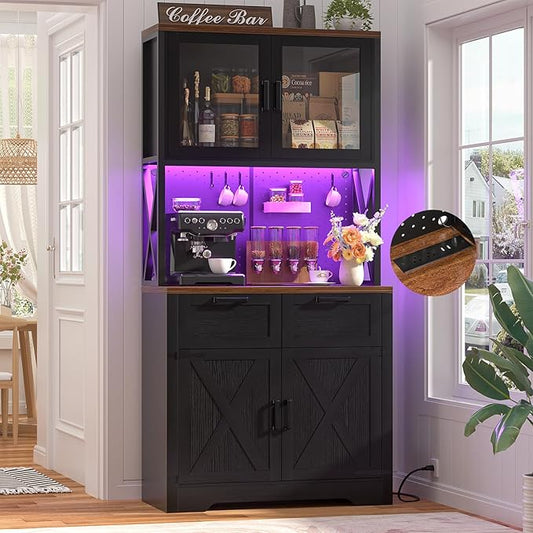 Unikito 71" Pantry Cabinet with LED Light & Outlet, Tall Kitchen Pantry Storage Cabinet with Microwave Stand, DIY Pegboard, Drawer and Adjustable shelf, Kitchen Hutch for Dining Room, Black and Rustic
