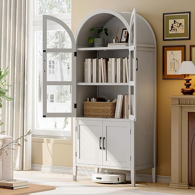 ONBRILL 71" Tall Arched Cabinet, 5-Tier Arched Kitchen Pantry with Glass Doors & Shelves, Modern Display Arch Cabinet with Adjustable Feet, Wooden Pantry for Living Room, Dining Room, Off White