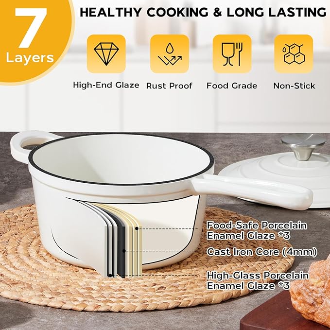 Onader 2 Quart Saucepan Dutch Oven, Enameled Cast Iron Sauce Pan Pot with Lid, Small Cooking Kitchen Pot, Nonstick & Oven Safe ??White