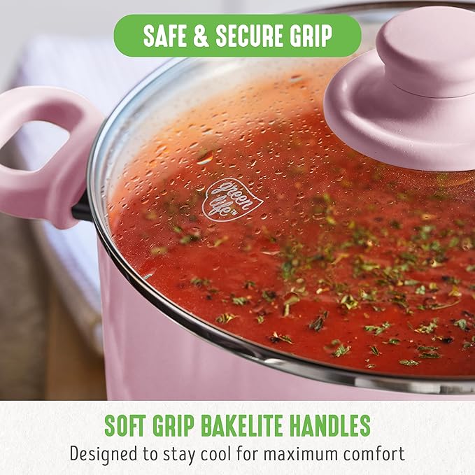 GreenLife 6QT Ceramic Nonstick Stockpot with Glass Straining Lid, PFAS-Free, Dishwasher Safe, Stay-Cool Handles, Oven Safe to 350째F, Wobble-Free Base, Even Heating, Pink