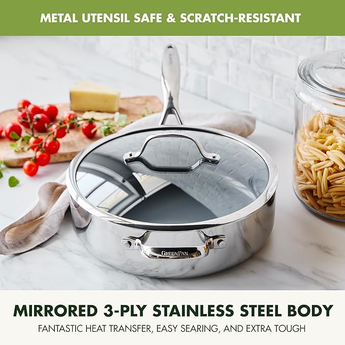 GreenPan Valencia Pro Tri-Ply Stainless Steel 5QT Saut챕 Pan with Lid, Ceramic Nonstick PFAS-Free Coating, Multi Clad Cookware, Induction, Dishwasher Oven and Broiler Safe