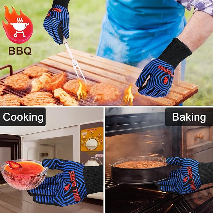 QUWIN BBQ Gloves, Oven Gloves 1472??Extreme Heat Resistant, Grilling Gloves Silicone Non-Slip Oven Mitts, Kitchen Gloves for BBQ, Grilling, Cooking, Baking-1 Pair??(Black Blue, One SizeLong Cuff
