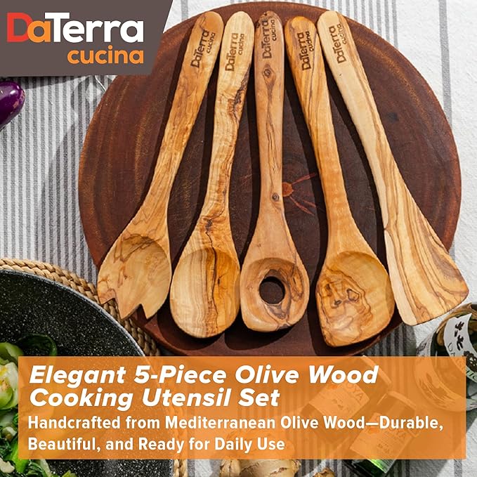 12-Inch Olive Wood Cooking Tools ??5-Piece Wooden Kitchen Utensils Set with Spoons, Spatulas & Cooking Tools ??Wood Kitchen Utensils Set for Cooking ??Crafted Wood Essentials by DaTerra Cucina
