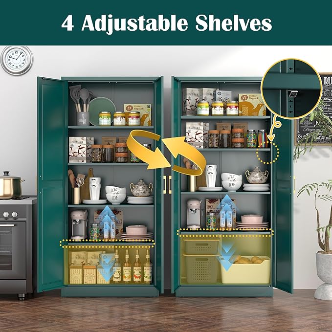 Kitchen Pantry Cabinet,71?쒰reen Metal Pantry Storage Cabinets with Doors and 4 Adjustable Shelves,Kitchen Cabinet with 2 Gold Handles,Tall Cabinet for Livingroom, Bathroom