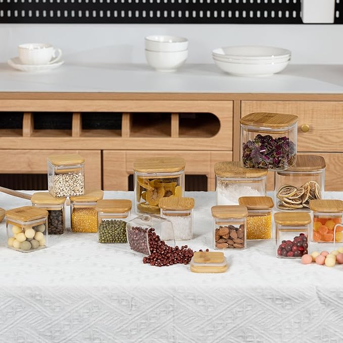 5oz Airtight Square Spice Containers with Bamboo Lid Set of 12 with Black Lables Storage Stackable Spice Jar, Kitchen Canister for Sugar, Tea, Flour, Salt and Seasonings (?랢lear Glass)