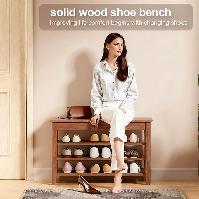 FEBORY Solid Wood Shoe Bench for Entryway ??Heavy-Duty Solid Wood Shoe Rack, Extra-Sturdy Storage Seat with 550 lb Capacity, Perfect for Foyer, Hallway, Closet, or Mudroom (Natural Finish)