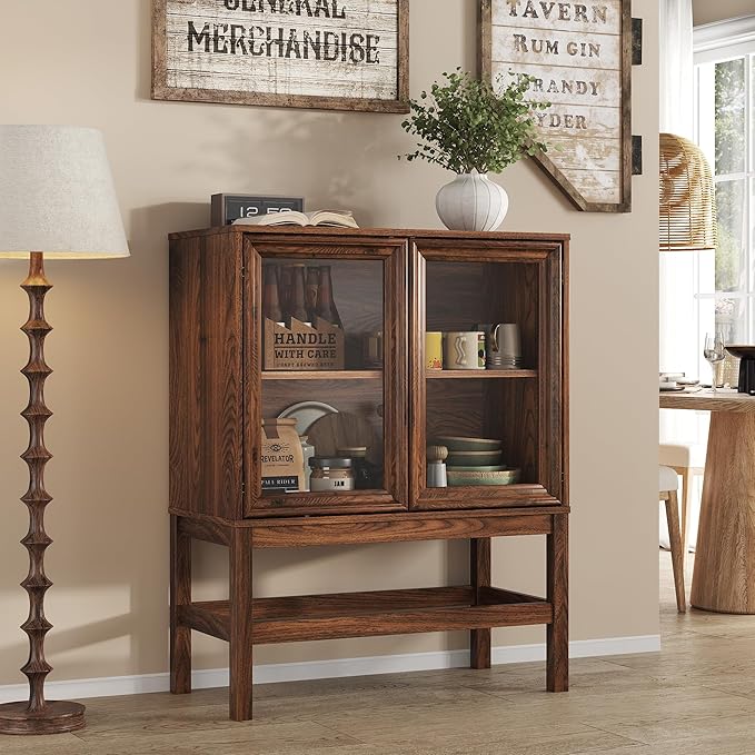 Sideboard Buffet Cabinet with Storage Set of 2, Small Kitchen Coffee Wine Bar Cabinet with Glass Doors, Wood Mid Century Modern Side Board Table for Dining Room, Living Room