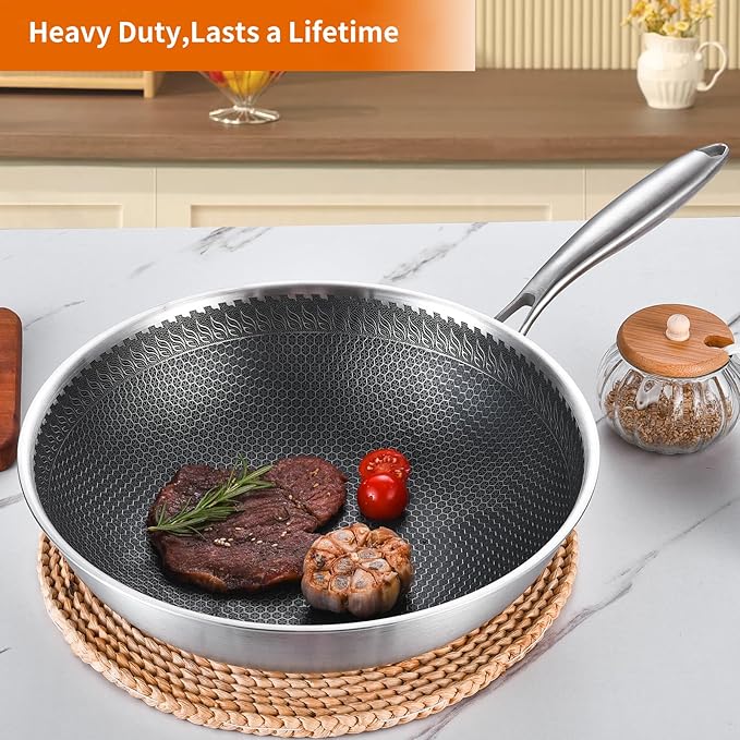 DELARLO 12" Nonstick Wok Pan With Lid, Tri-Ply Stainless Steel Saute Pan with Lids, 600?? 5QT Deep Frying pan, Induction Wok Nonstick,Woks & Stir-Fry Pans