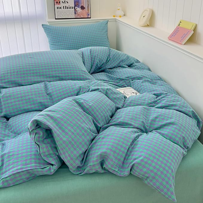 LifeTB Green Gingham Comforter Set Full Modern Style Green Purple Plaid Comforter Set Fluffy Soft Farmhouse Gingham Bedding Comforter 3 Pieces Grid Checkered Pattern Comforter with 2 Pillowcases