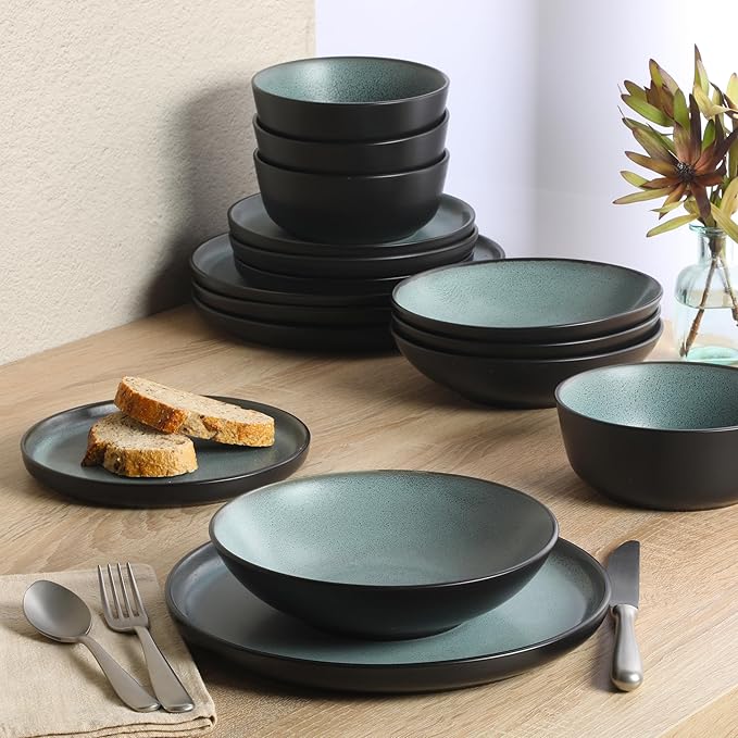 Gibson Elite Tribeca Loft 16-Piece Dinnerware Set ??Matte Black and Green Reactive Glaze Stoneware, Double Bowl Round Plates and Bowls ??Modern Rustic Tableware for 4, Dishwasher & Microwave Safe