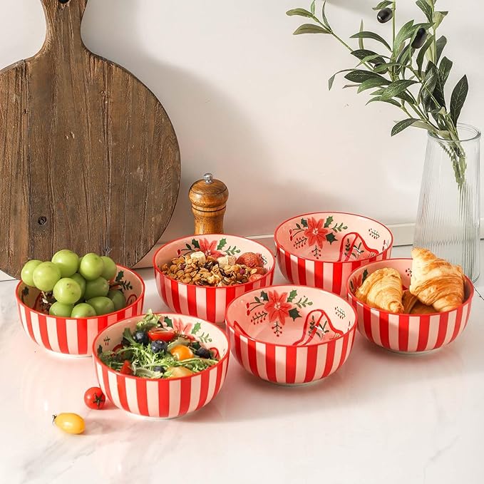 glowworm Cereal Bowls Set of 6, 26 Oz Ceramic Soup Bowls, Cereal Bowls for Rice, Oatmeal, Fruit, Ice Cream, Dessert, Dishwasher & Microwave safe, Pink